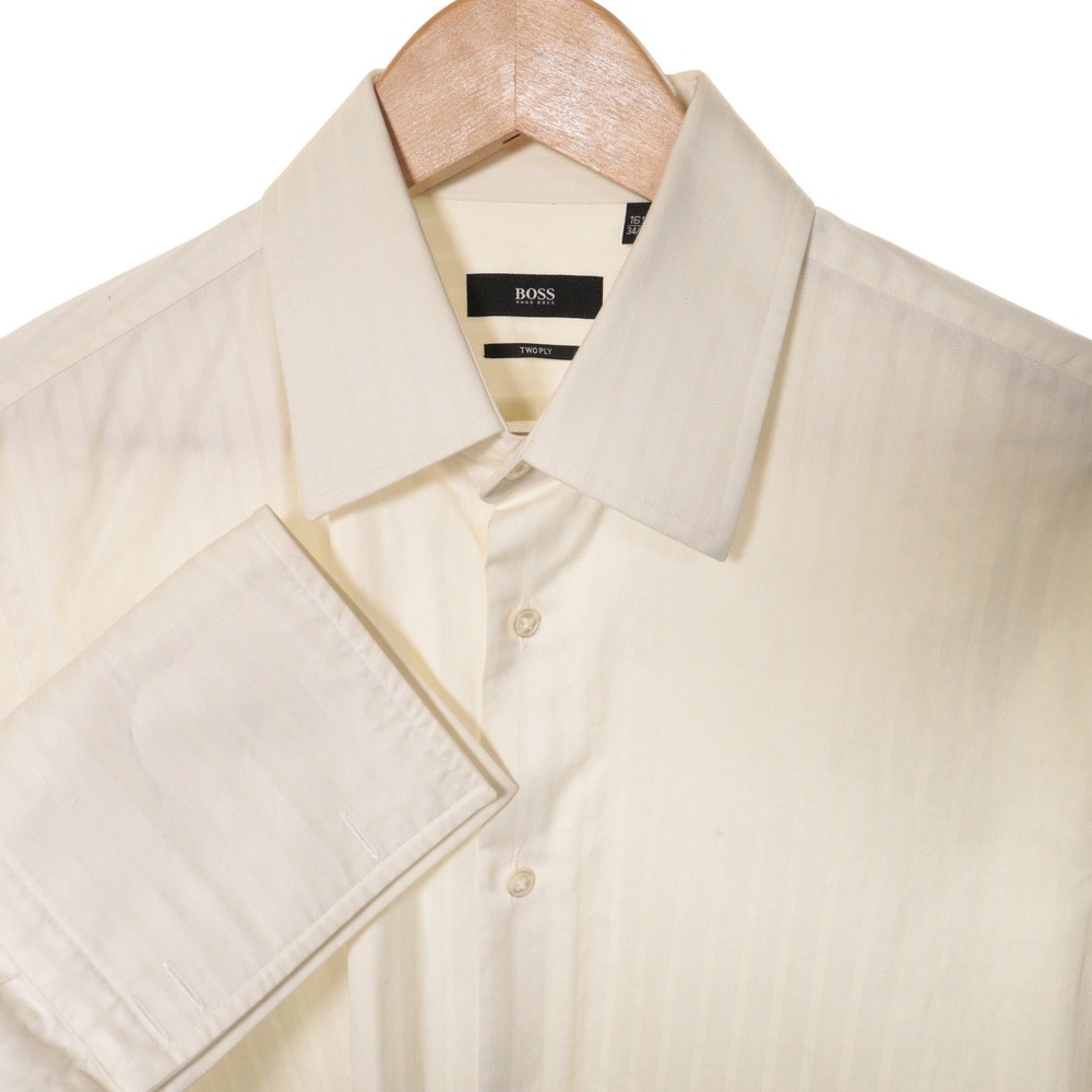 Vtg Hugo Boss Button Up Shirt French Cuff Men 16.5 34/35 Stripe Cream Two-Ply